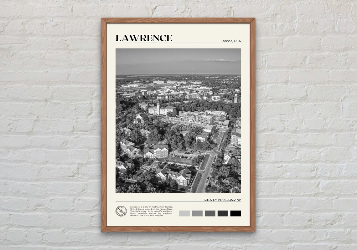 Lawrence Kansas Black and White Travel Poster Print