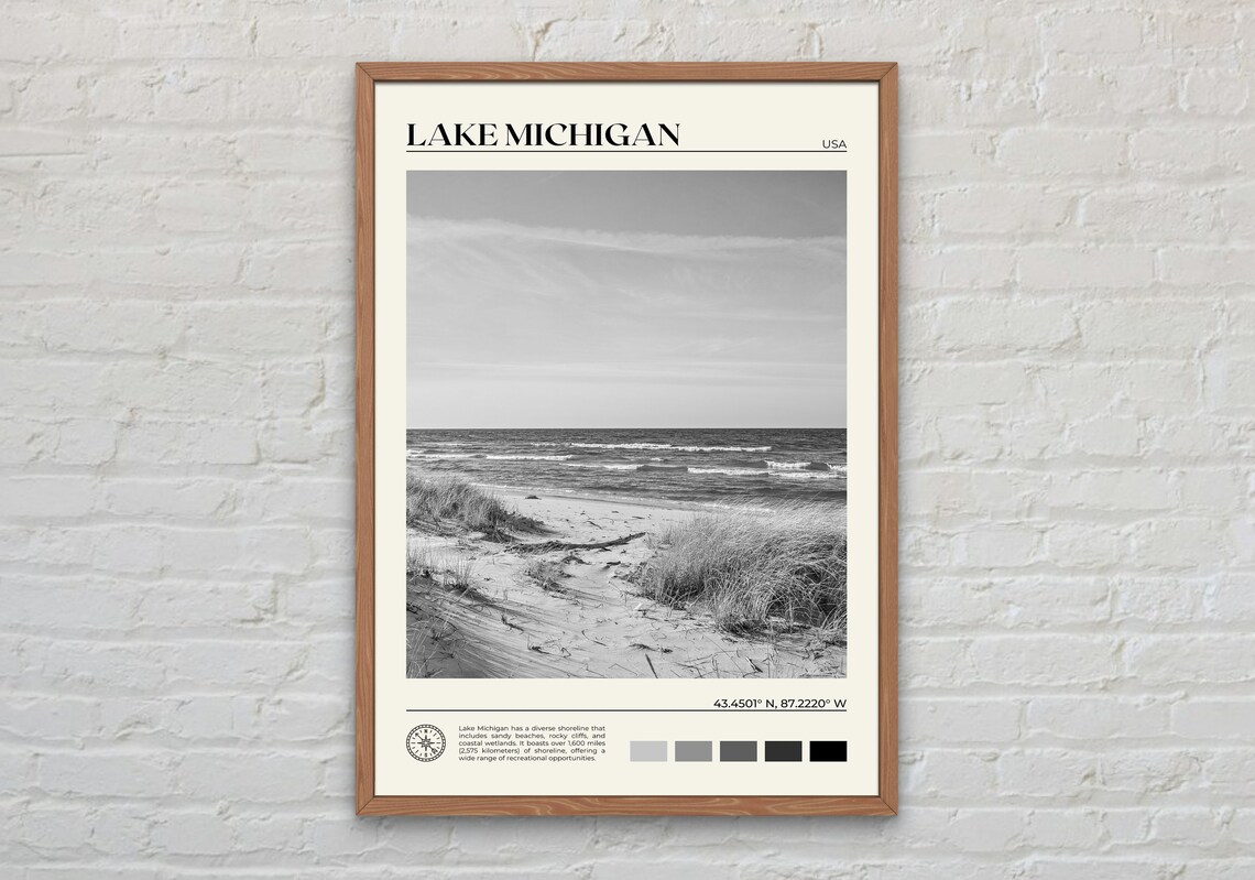 Lake Michigan Black And White Travel Poster Print