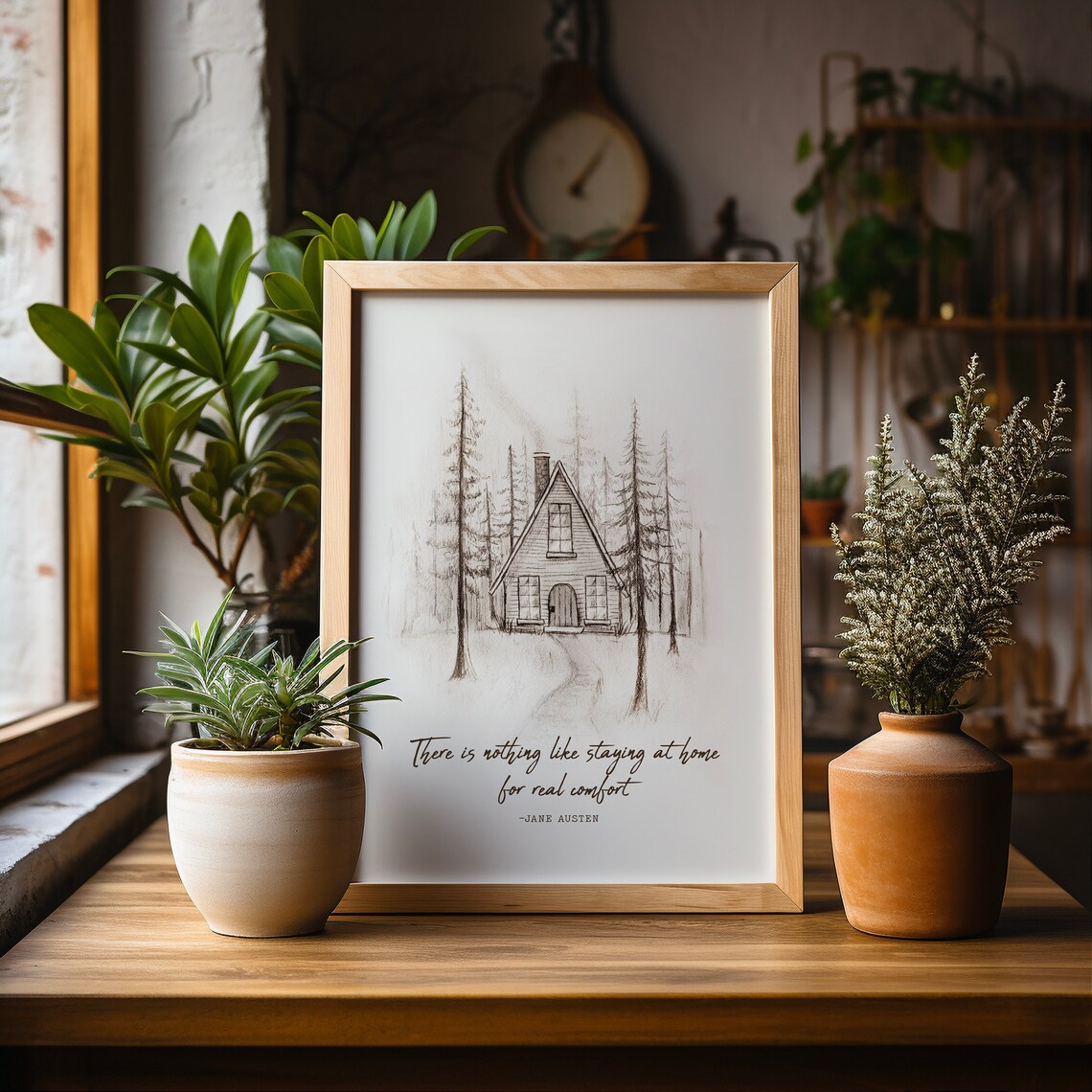 Jane Austen Staying At Home Quote Cozy A Frame Cabin Sketch Poster - Image 2
