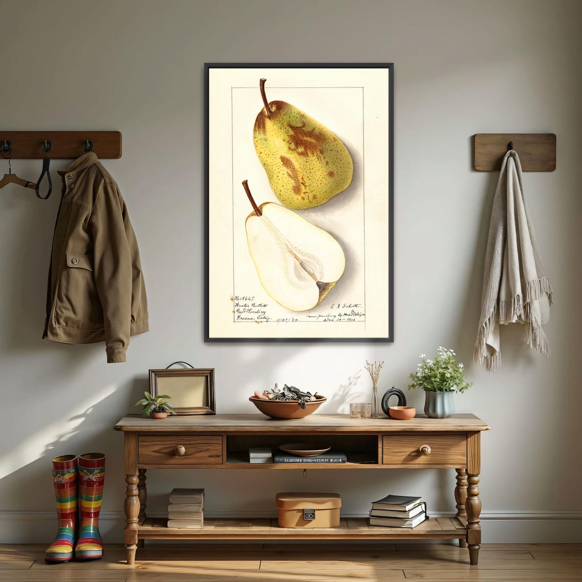 Green Russet Pear Whole And Halved Vintage Botanical Art Poster - Image 3