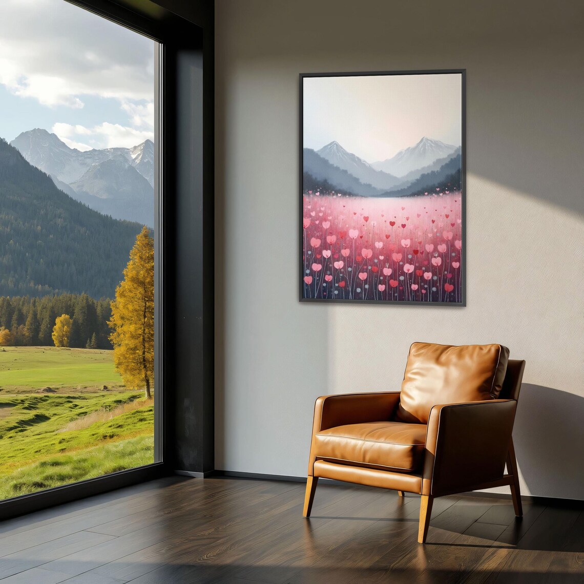 Field Of Pink Heart Shaped Flowers With Snowy Mountains Poster - Image 3