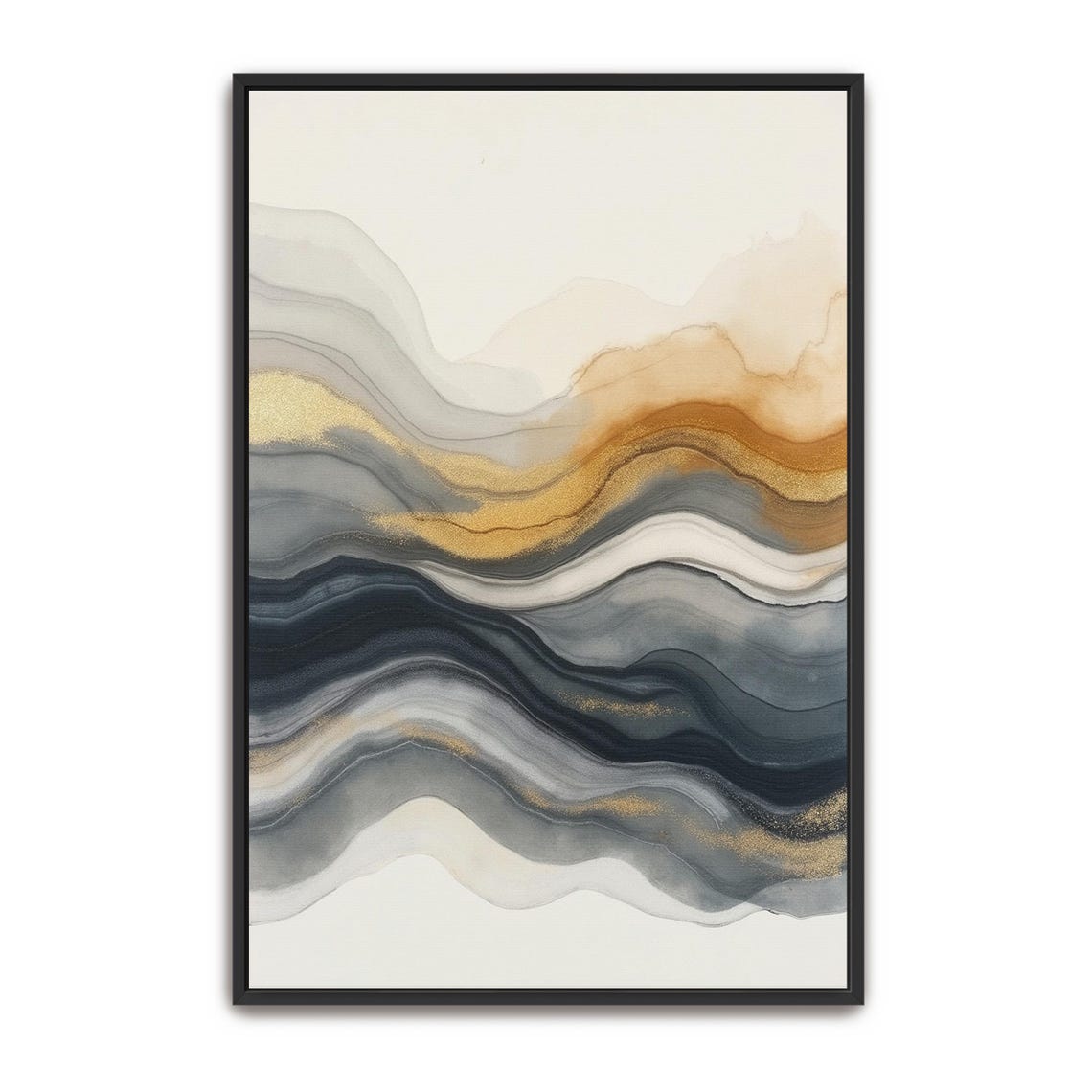 Abstract Gold And Slate Grey Layered Watercolor Wave Art Framed Poster