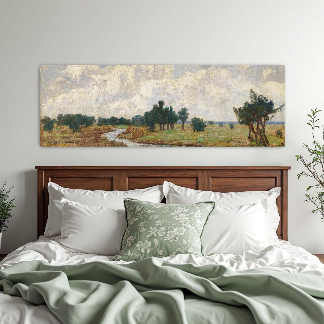 Landscape Painting With River And Trees Panoramic Wall Art Horizontal Framed Art Above Bed Wall Art Bedroom And Living Room Art Wide - Image 3