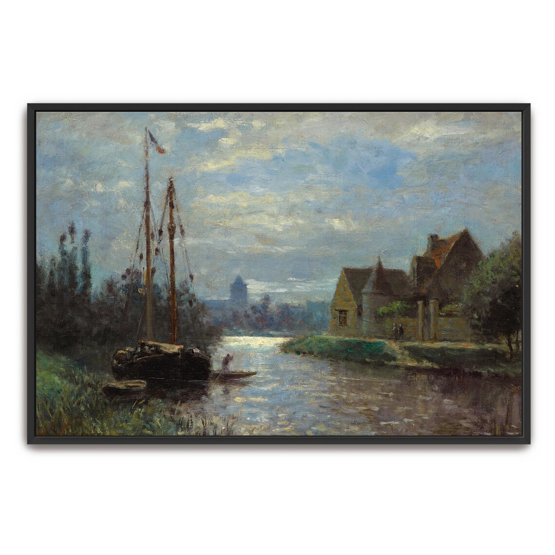 Impressionist Moored Boat on Canal Riverside Houses Evening Poster