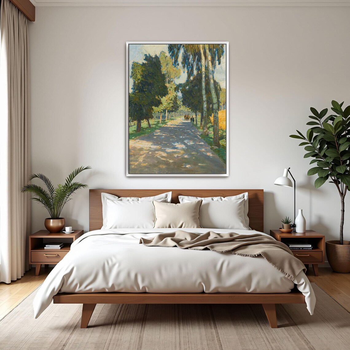 Framed Wall Art Of Sunlit Road Trees Figures Landscape Fine Art Print Green And Yellow Entryway Art Print Rustic Oil Painting - Image 3