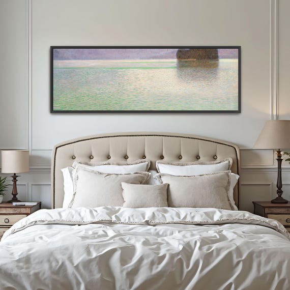 Water Reflection Misty Morning Calm Lake Peaceful Landscape Panoramic Wall Art Horizontal Framed Art Above Bed Wall Art Bedroom And