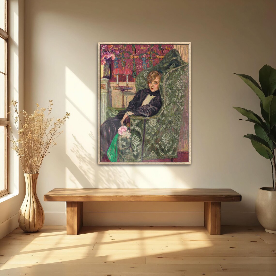 Woman in a Green Armchair with Roses Interior Portrait Poster