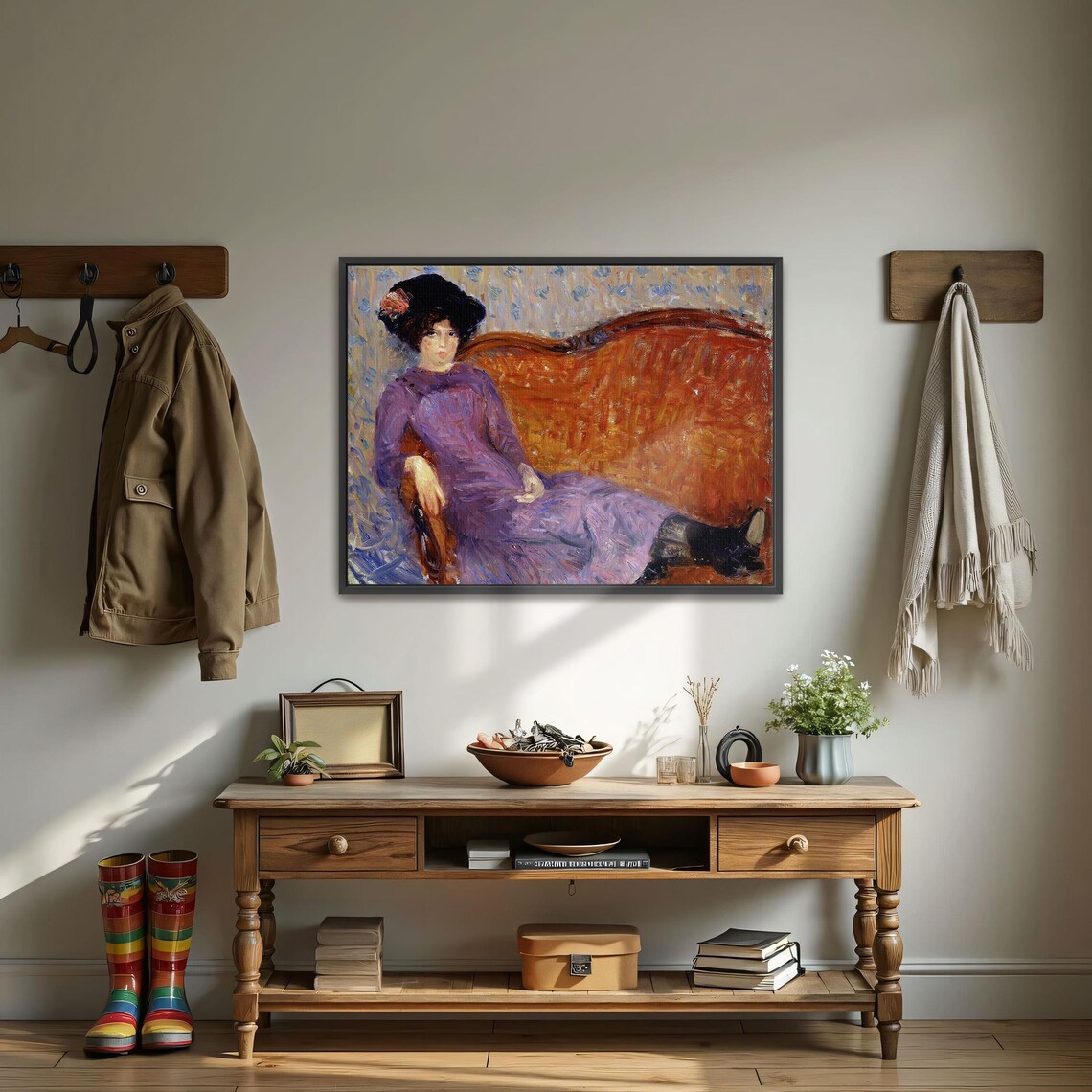 Woman In A Purple Dress Reclining On A Couch Portrait Poster - Image 3
