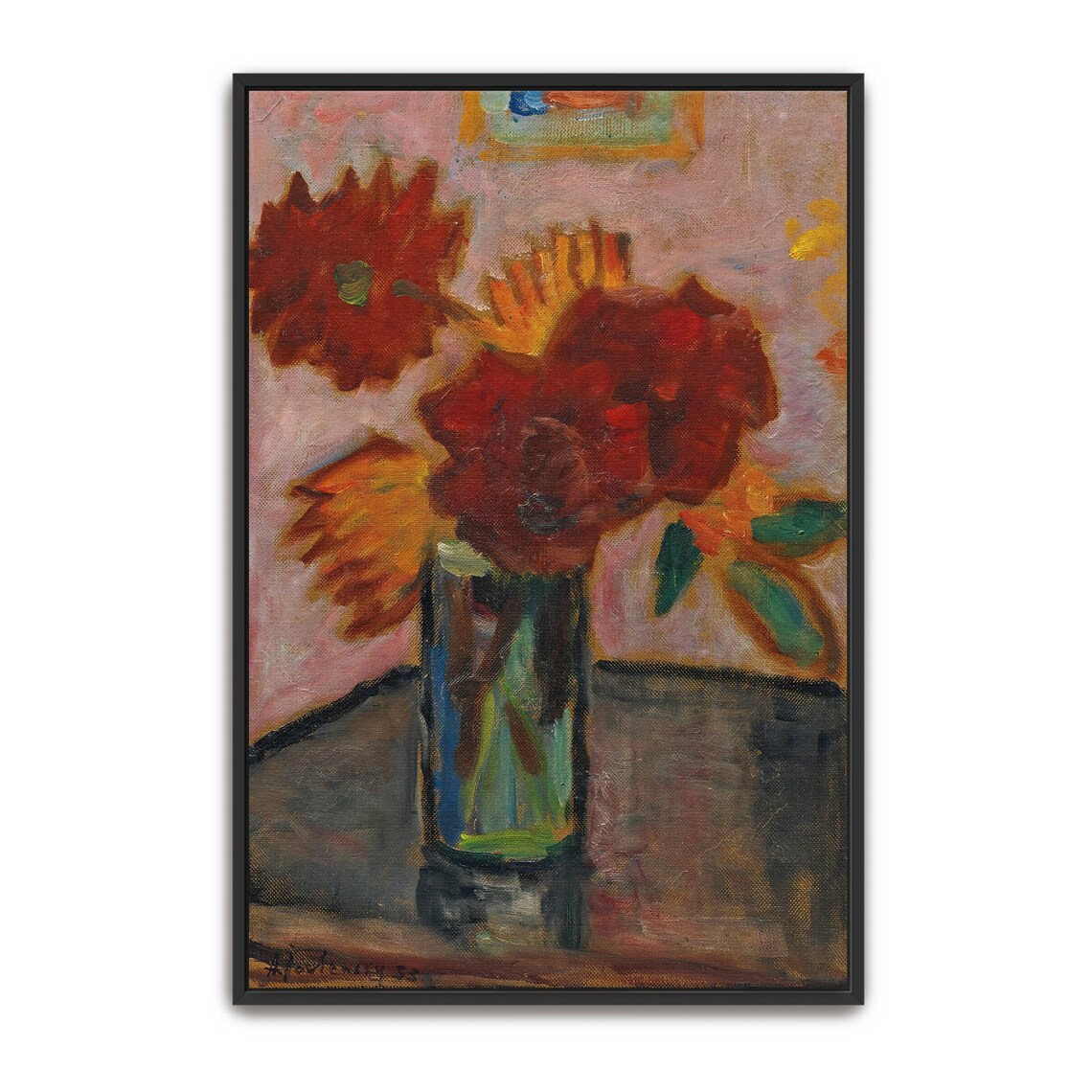 Still Life With Red Flowers In A Glass Vase Oil Painting Poster