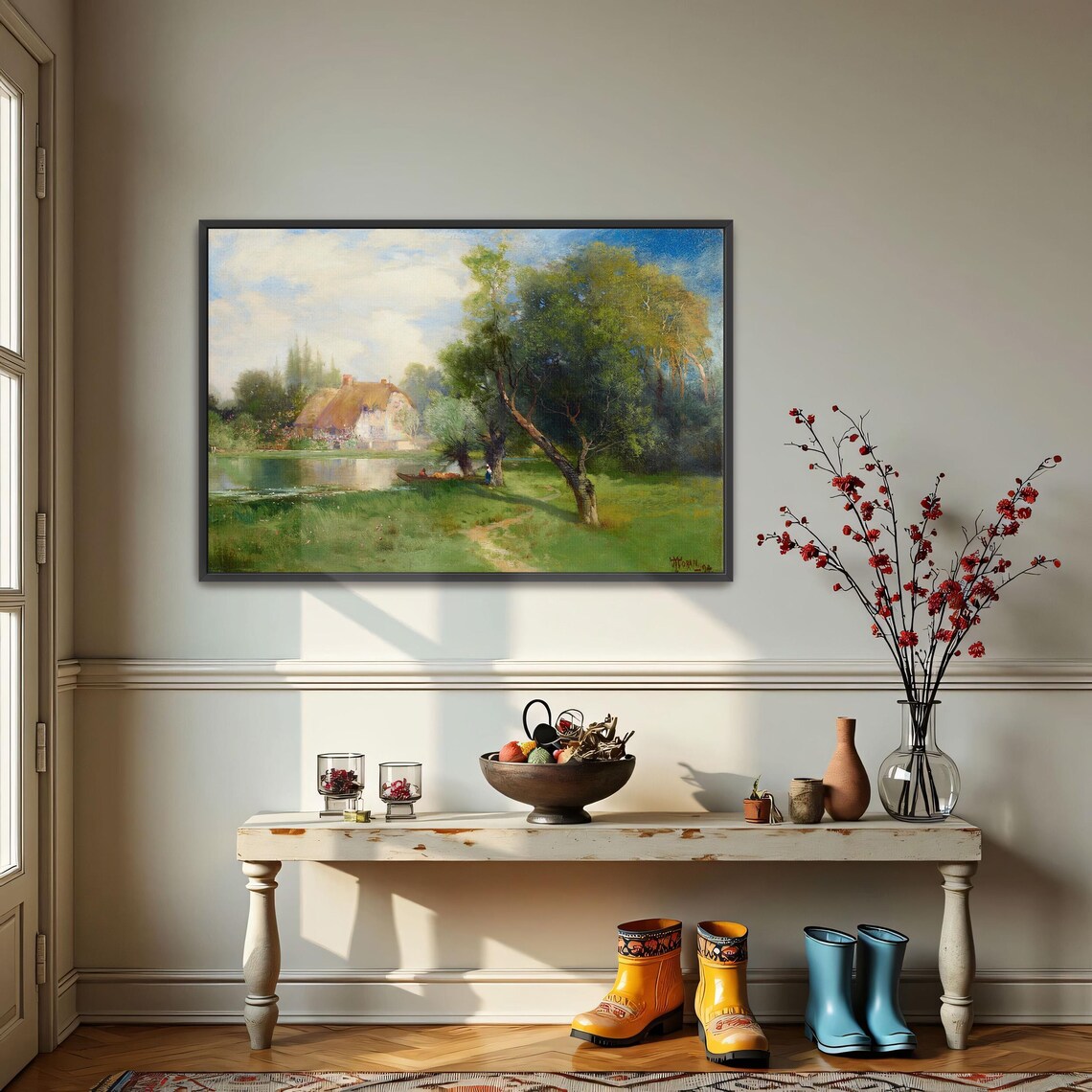 Framed Wall Art Of Cottage By A Lake With Trees Landscape Fine Art Print Green And Blue Entryway Decor Rustic Oil Painting - Image 3