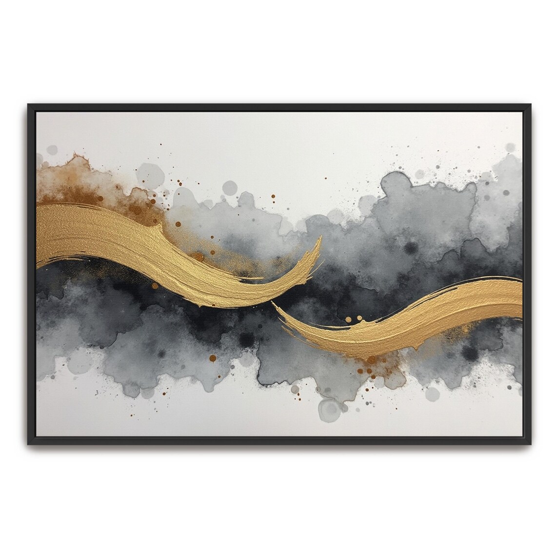 Twin Gold Brushstroke Ribbons Gliding Over Dark Ink Wash Poster