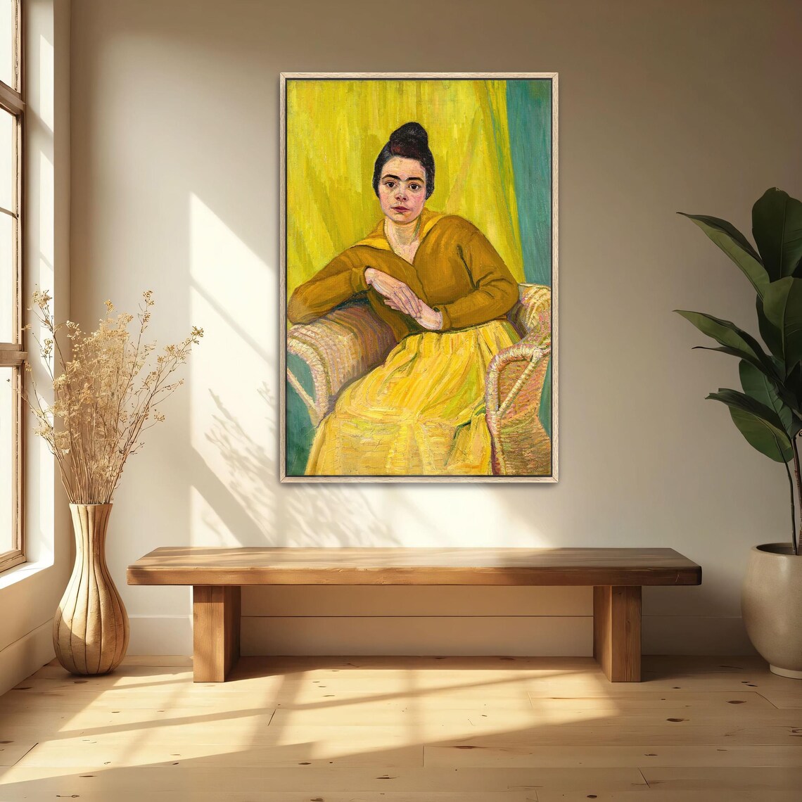 Woman In Yellow Dress Seated In Wicker Chair Expressionist Art Poster - Image 4