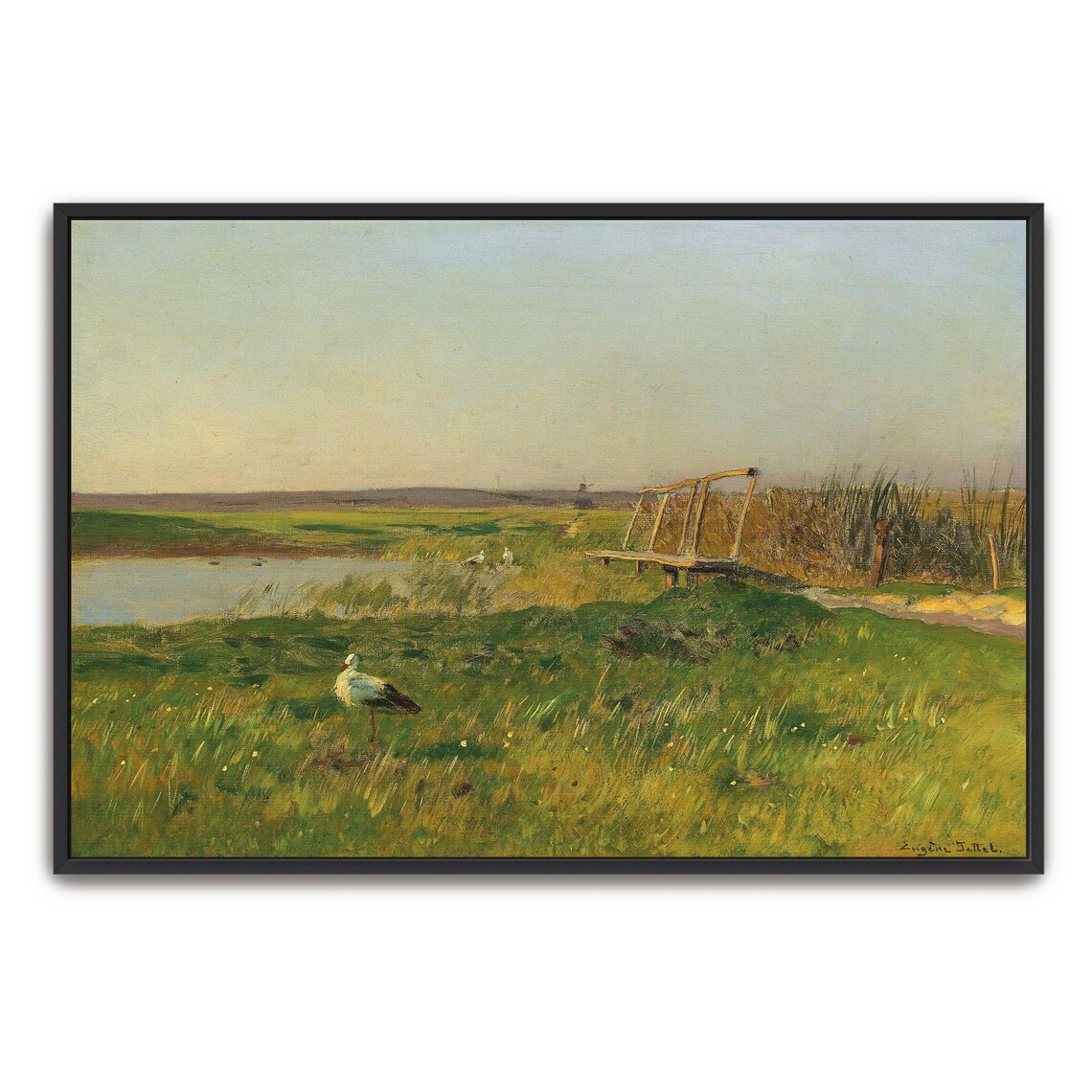 White Stork Standing In A Golden Marsh At Dawn Signed Jettel Poster