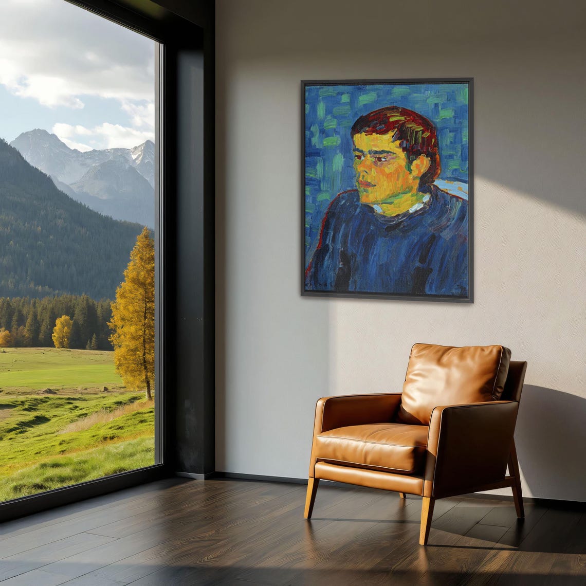 Colorful Mosaic Brushwork Portrait of Man in Blue Shirt Poster - Image 3