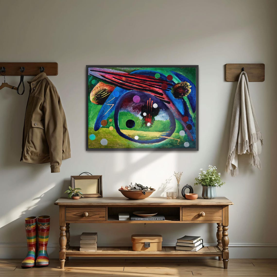 Framed Wall Art Of Abstract Painting With Circles And Lines Geometric Print Green And Blue Bedroom Decor Abstract Artwork - Image 3