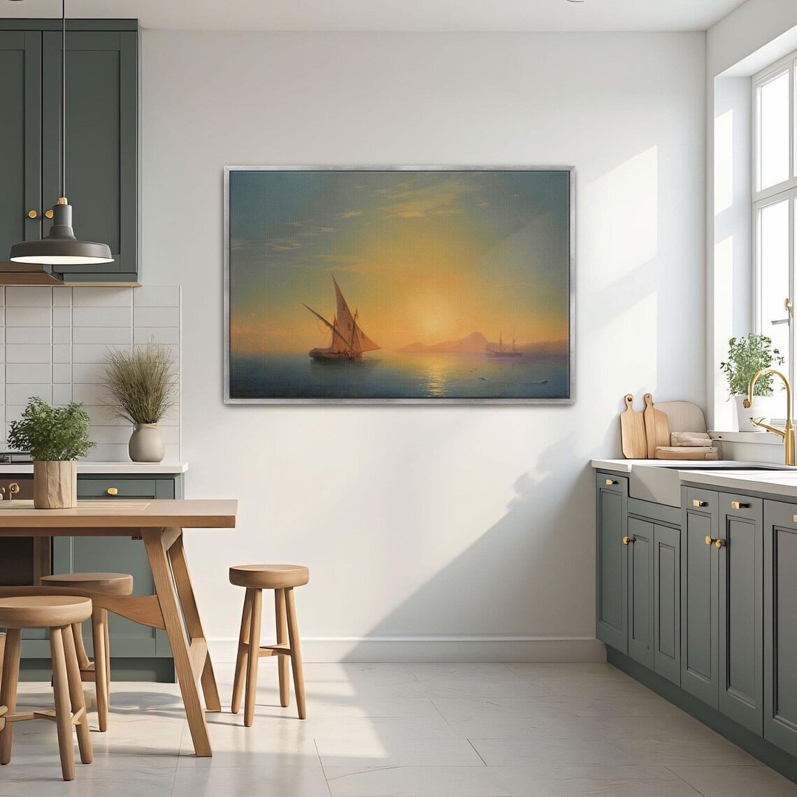Sailboats on a Calm Sea at Sunset with a Golden Horizon Art Poster - Image 3
