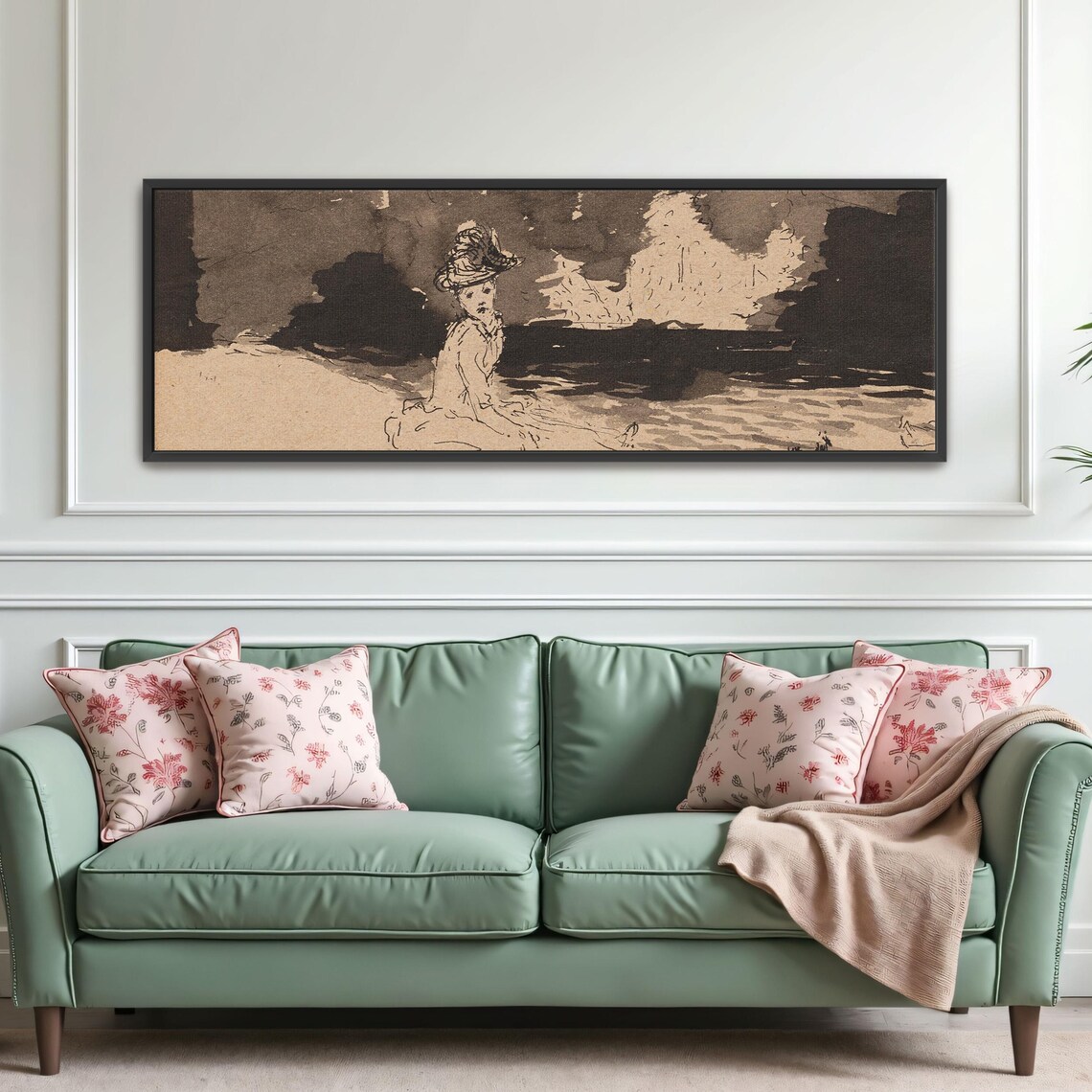 Woman in a Hat by the Water Impressionist Sepia Ink Sketch Poster - Image 4