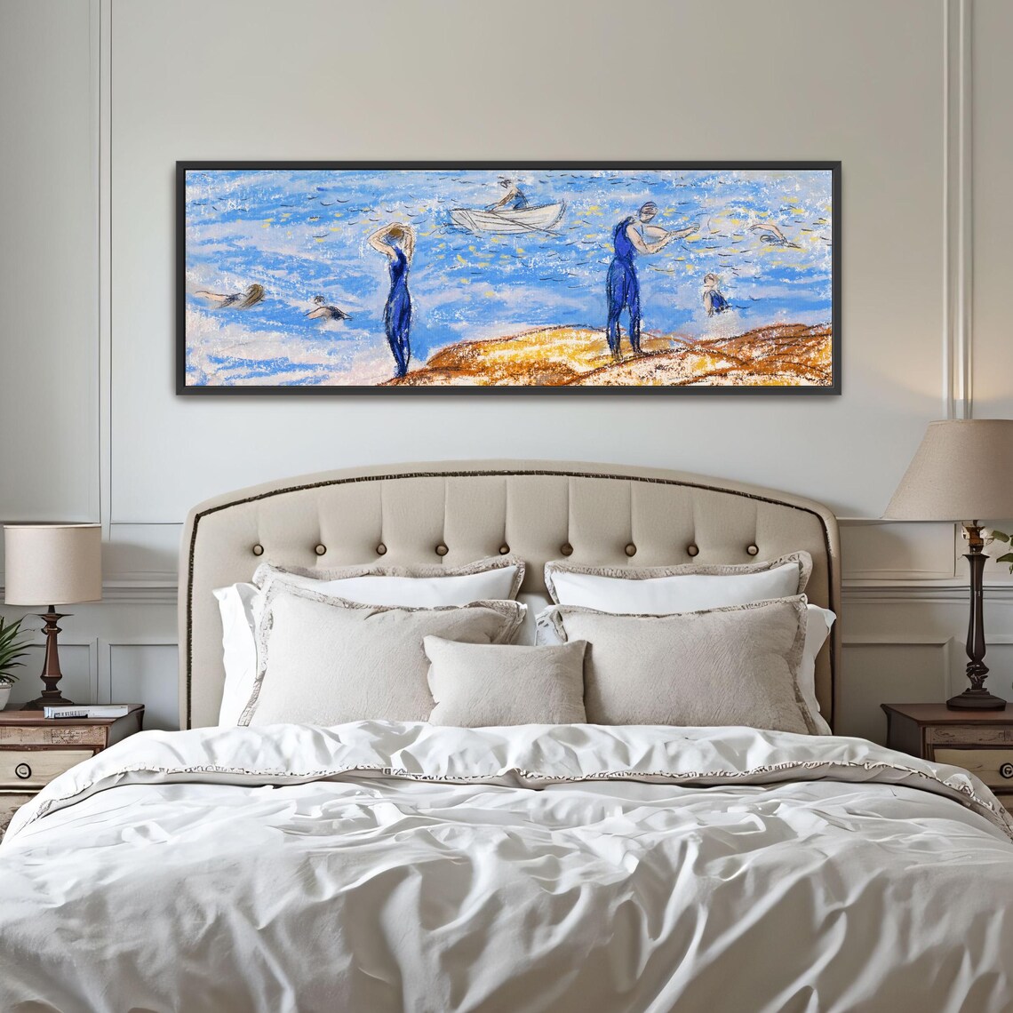 Pastel Drawing of Swimmers and Boats in Bright Blue Water Poster - Image 4