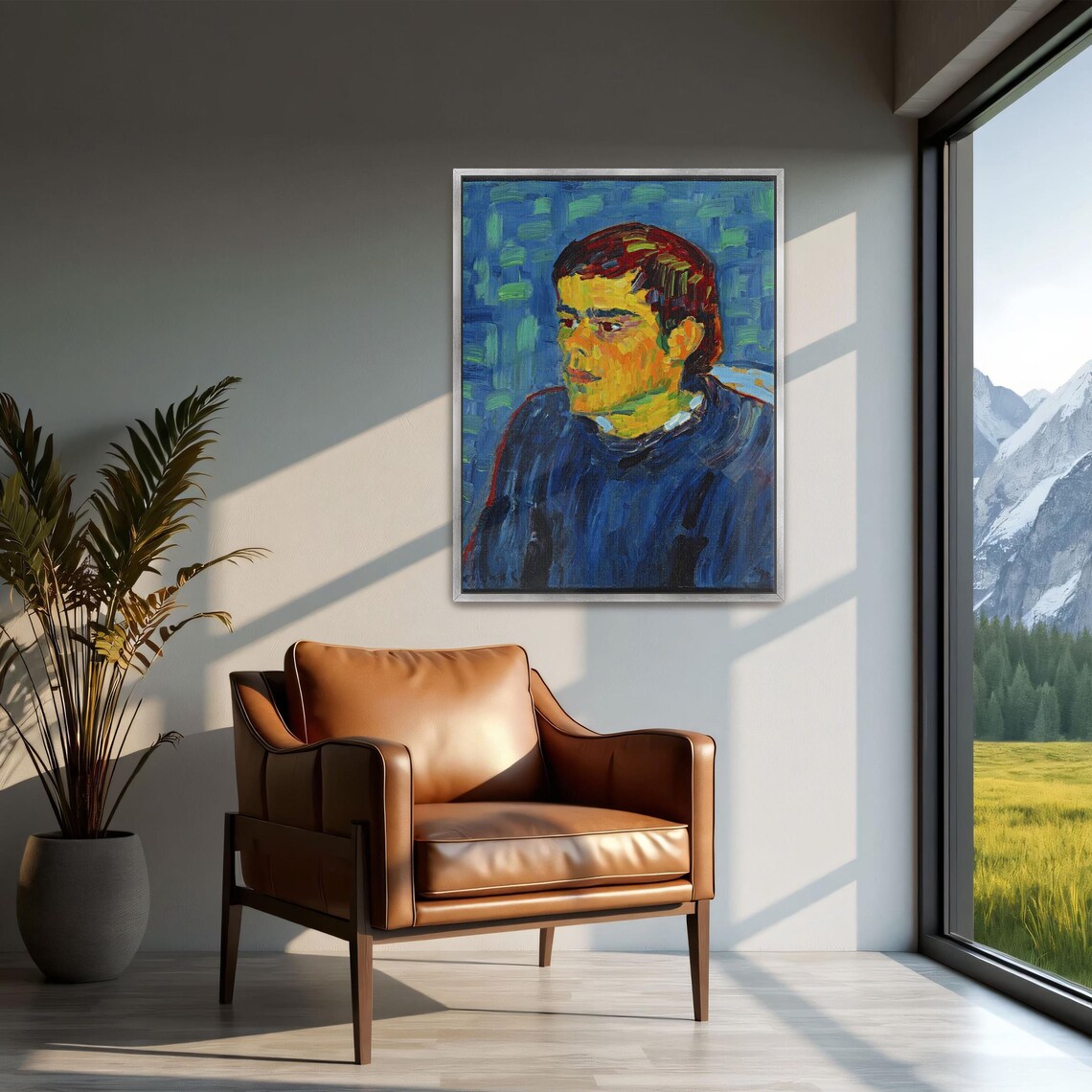 Colorful Mosaic Brushwork Portrait of Man in Blue Shirt Poster - Image 2