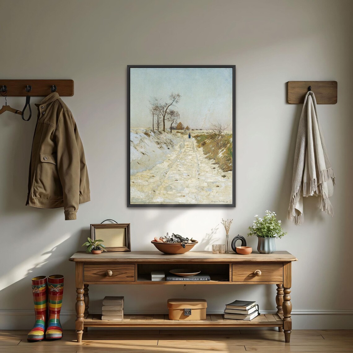 Large Framed Print Of Snowy Path With Trees And Hay Bales Landscape Fine Art Print White And Gray Bedroom Art Print - Image 3