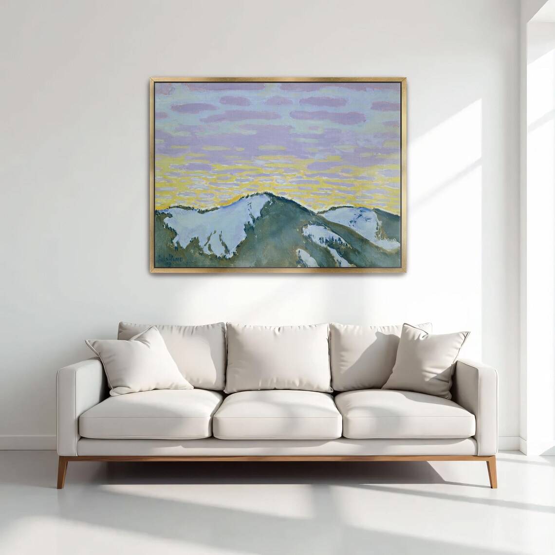 Snowy Mountain Peaks at Dusk Purple and Yellow Sky Art Poster