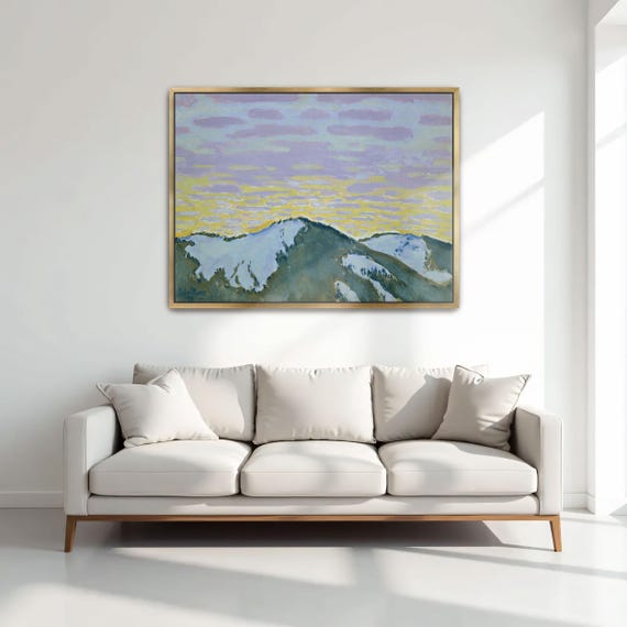Large Framed Print Of Snowy Mountain Peaks At Dusk Mountain Print Purple And Yellow Entryway Art Print Abstract Art