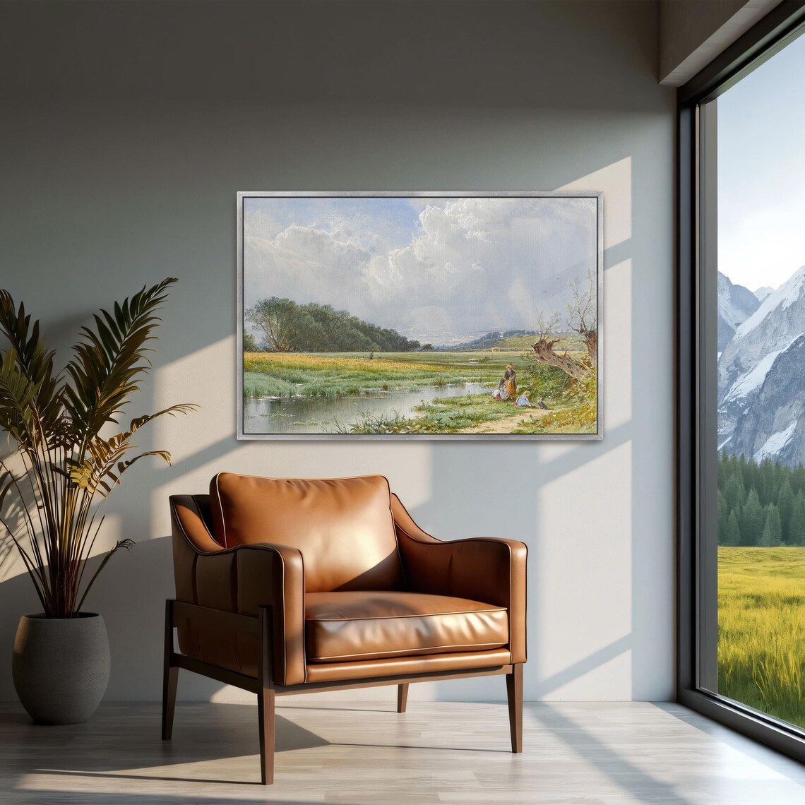 Figures by a River in a Golden Meadow Vintage Landscape Art Print - Image 2