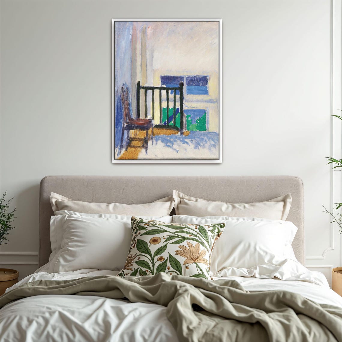 Large Framed Print Of Interior Scene With Chair And Stairs Geometric Fine Art Print Blue And White Entryway Decor - Image 3