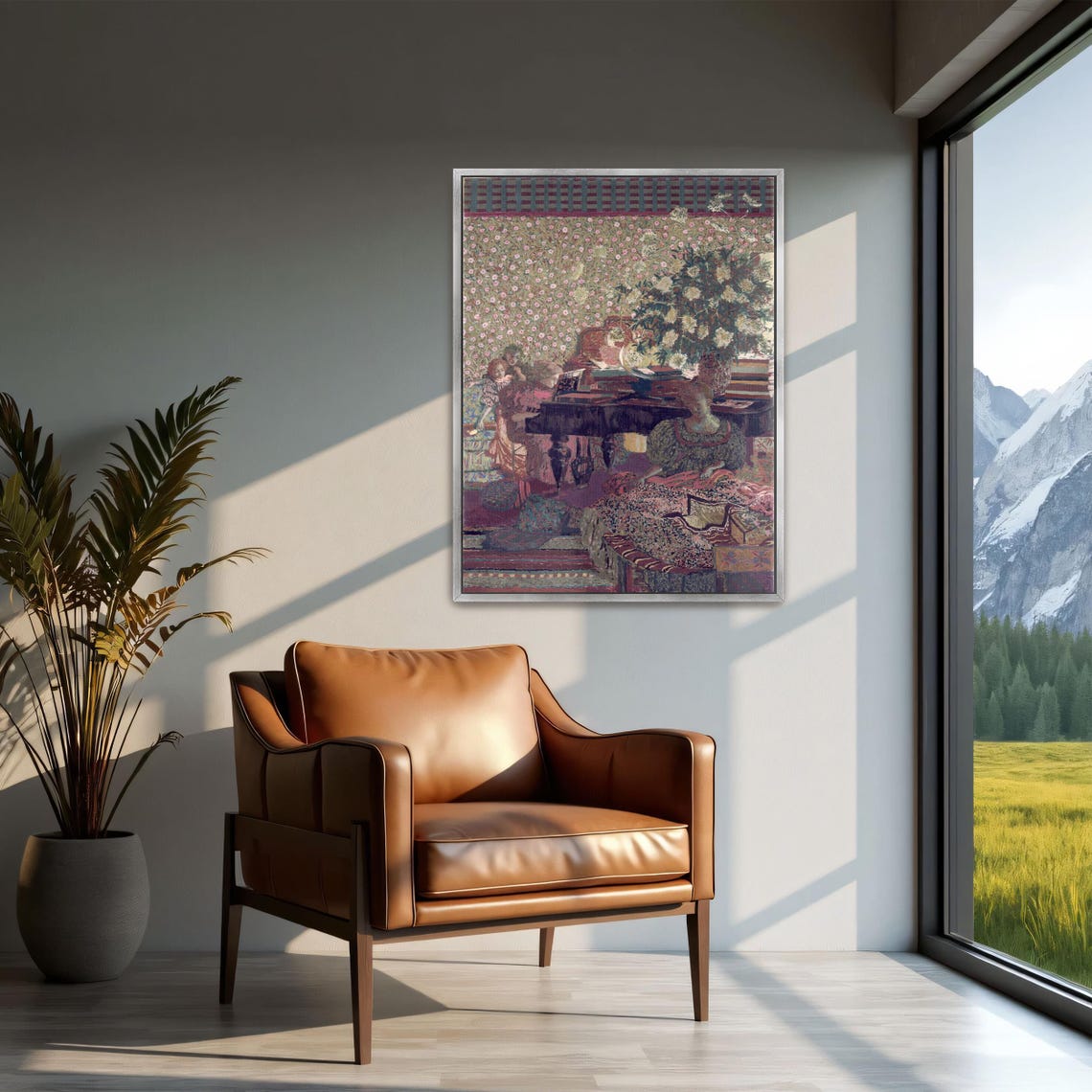 Women at Piano With Flowers Vintage Tapestry Style Interior Poster