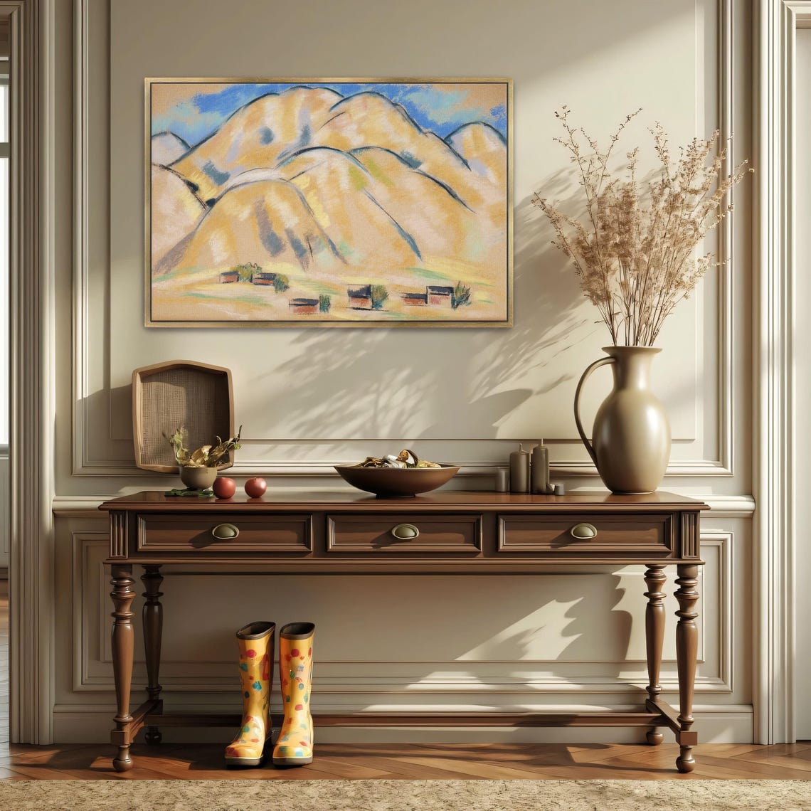 Framed Print Of Pastel Painting Of Hills And Houses Mountain Wall Art Beige And Brown Bedroom Artwork Rustic Pastel Painting - Image 2