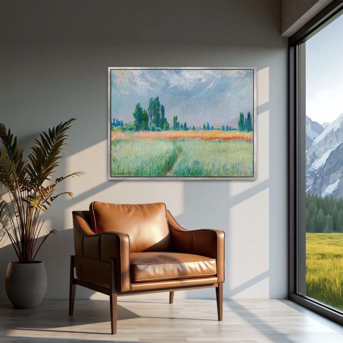 Claude Monet Framed Wall Art A Field Of Green Grass With Trees In The Background Landscape Print Green And Blue Entryway Decor - Image 2