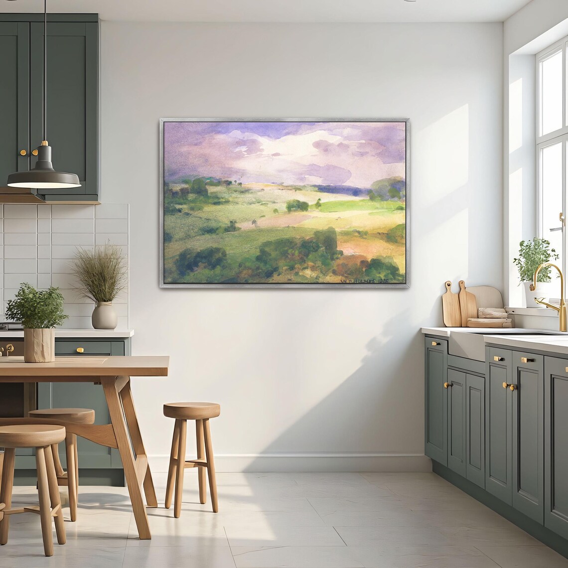 Rolling Green Hills Under Purple Cloudy Sky Watercolor Art Poster