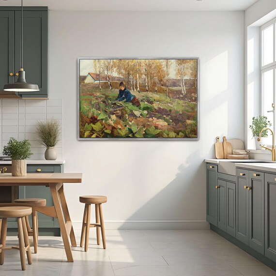 Framed Print Of Woman Gathering Vegetables In Field Landscape Wall Art Green And Brown Entryway Artwork Rustic Oil Painting