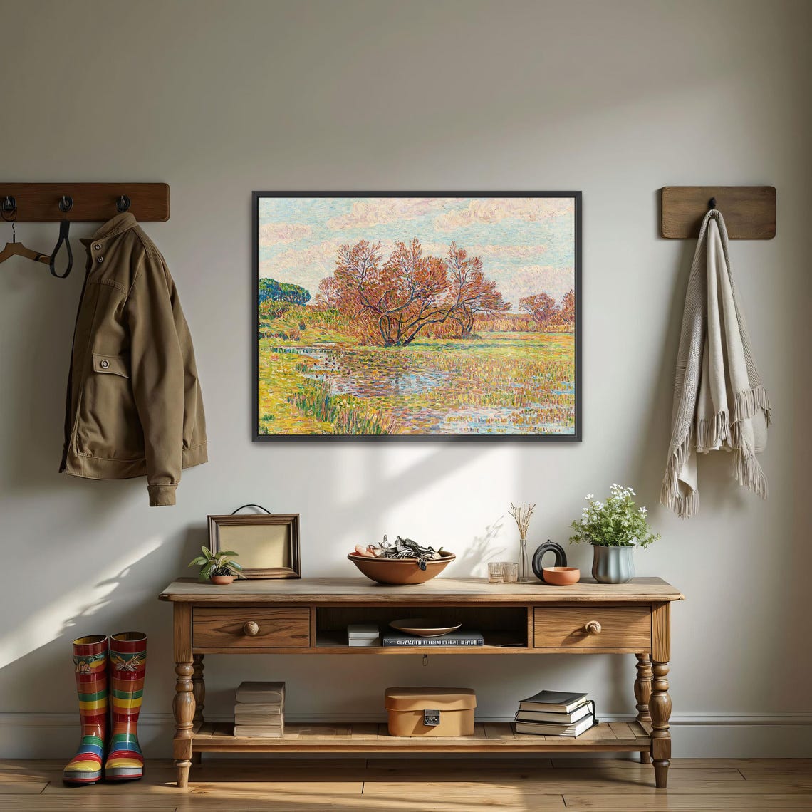 Autumn Trees by a River Pointillist Landscape Painting Poster