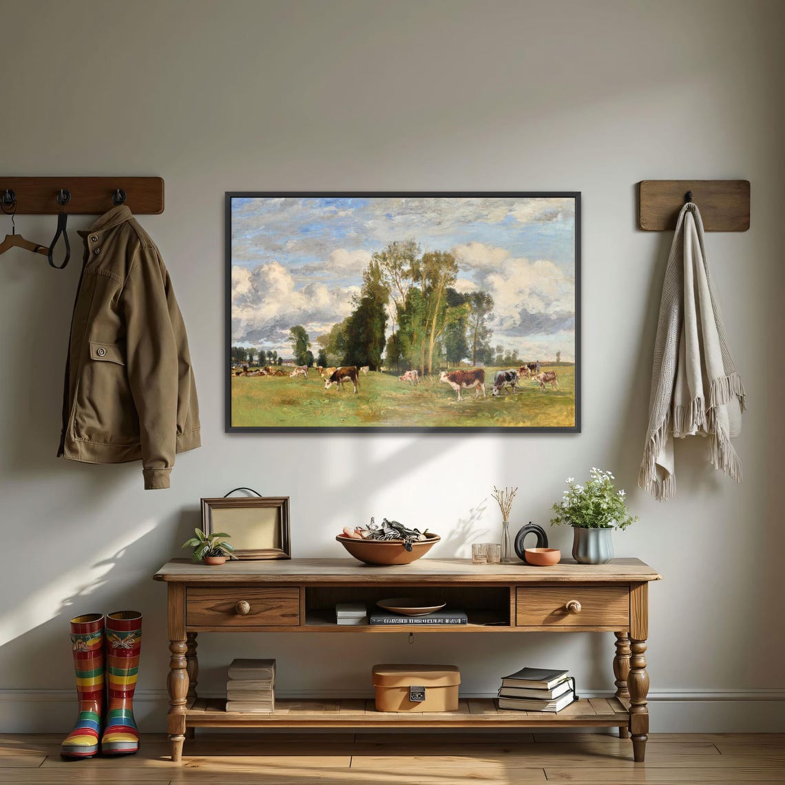 Cows Grazing Under Big Clouds Green Pasture Landscape Poster - Image 4