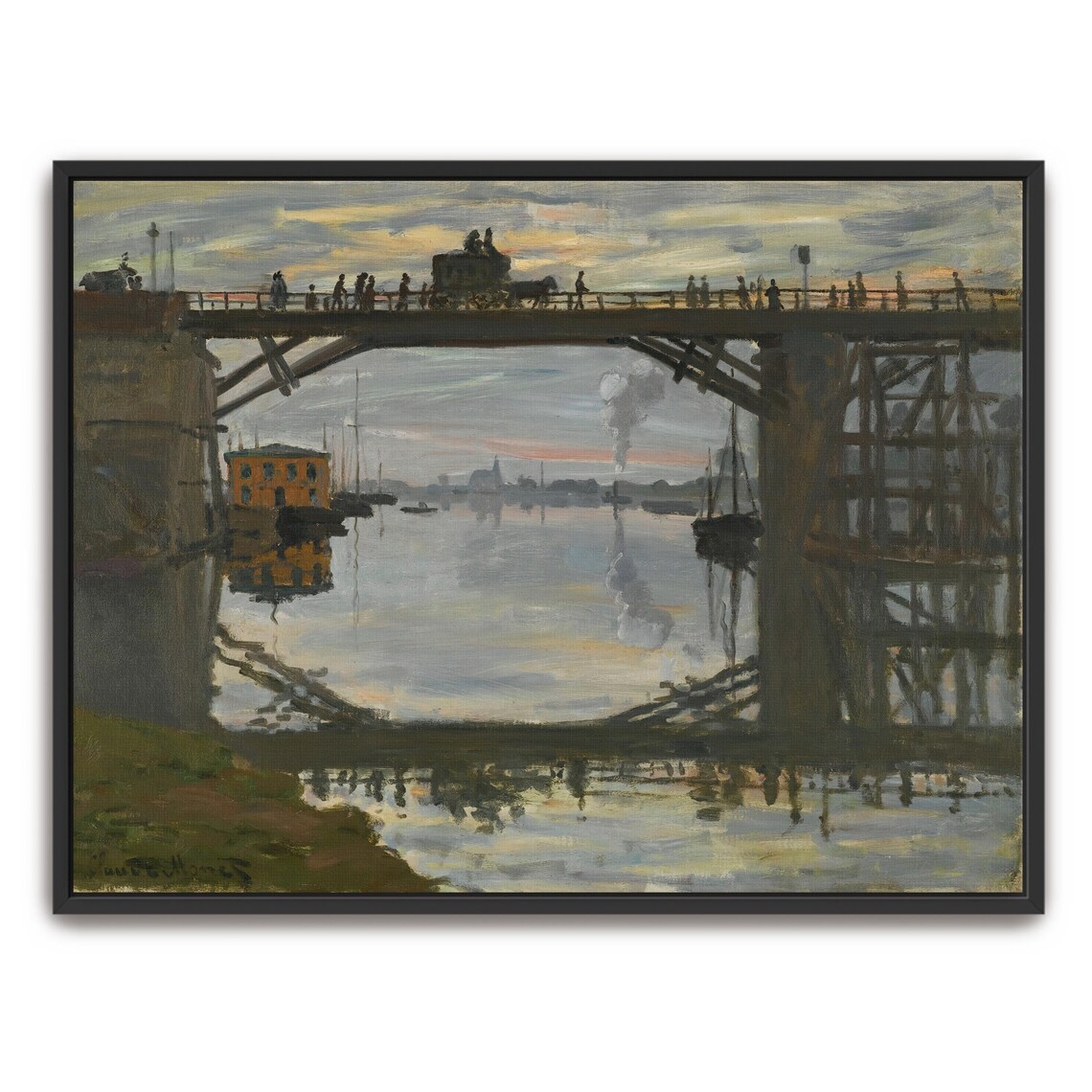 Claude Monet Railway Bridge Over Water With Crowd At Dusk Poster