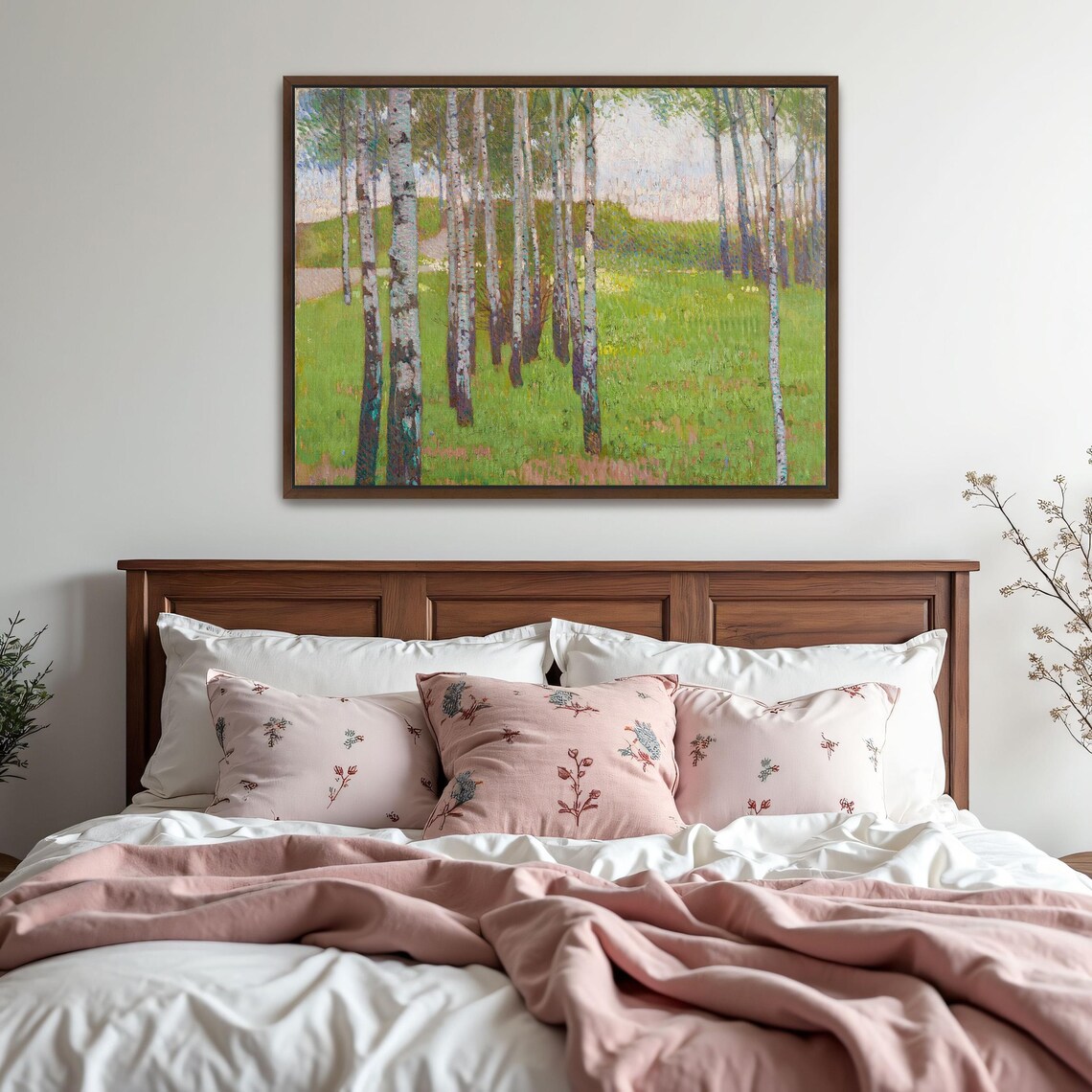 Framed Print Of Birch Trees In A Grassy Field Landscape Print Green And Beige Bedroom Art Print Art Nouveau Oil Painting - Image 2
