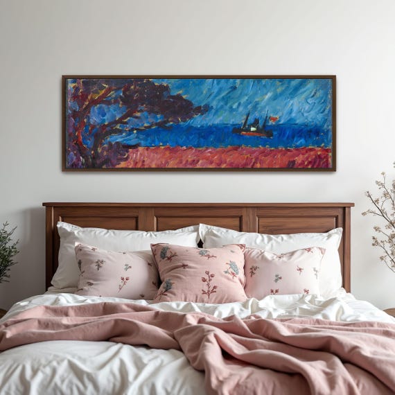 Abstract Landscape With Red Field And Blue Sky Panoramic Wall Art Horizontal Framed Art Above Bed Wall Art Bedroom And Living Room Art
