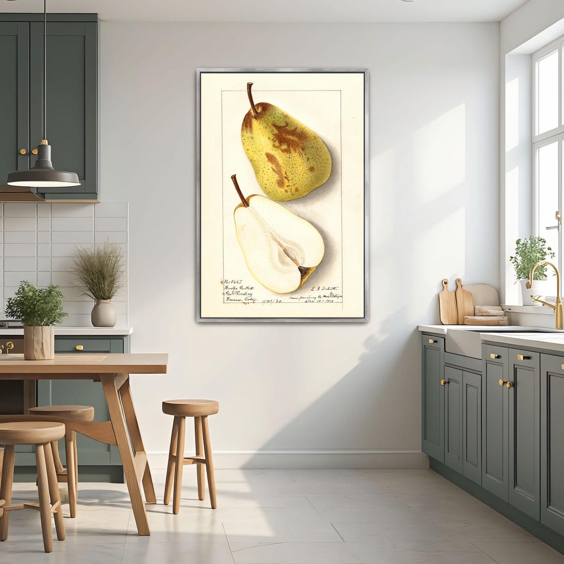 Green Russet Pear Whole And Halved Vintage Botanical Art Poster - Image 2