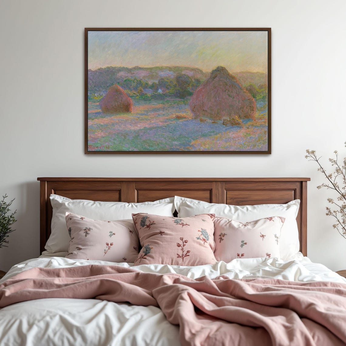 Claude Monet Framed Print Haystacks In A Field At Sunset Landscape Print Green And Blue Entryway Decor - Image 5