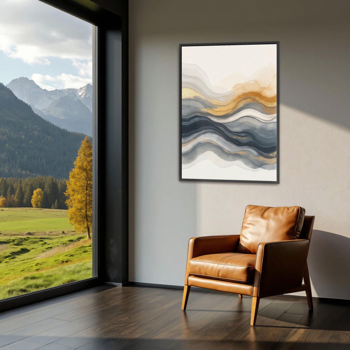 Abstract Gold And Slate Grey Layered Watercolor Wave Art Framed Poster - Image 3