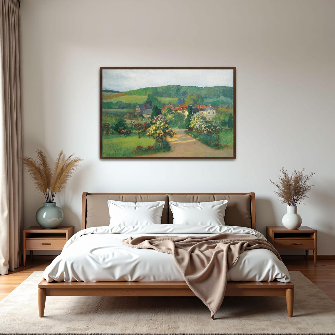 Framed Print Of Village Landscape With Flowers Landscape Wall Art Green And Yellow Bedroom Art Print Rustic Oil Painting - Image 5