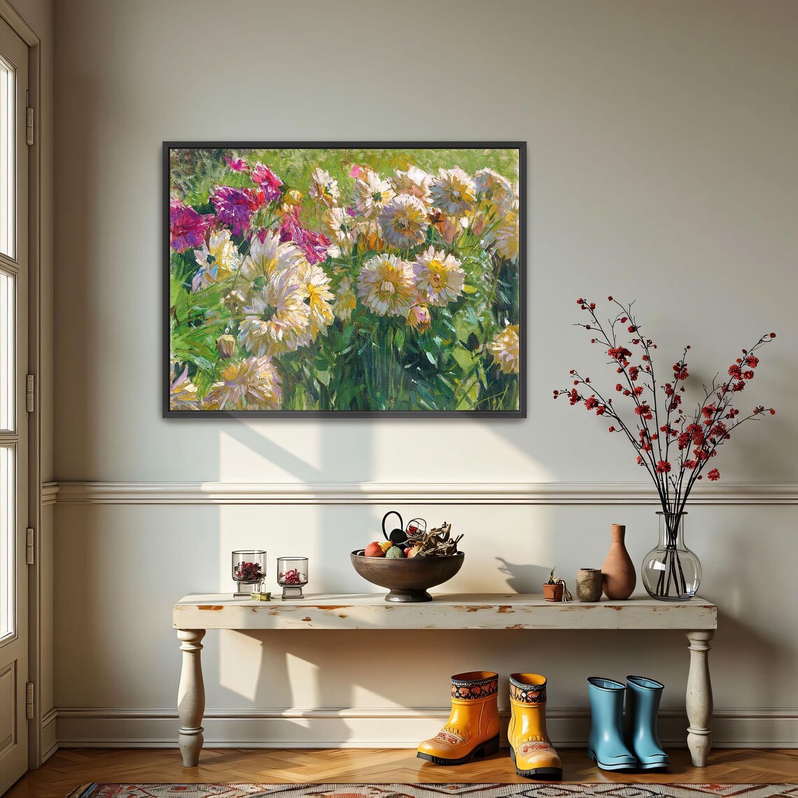 Colorful Dahlias in Bloom Impressionist Flower Garden Art Poster