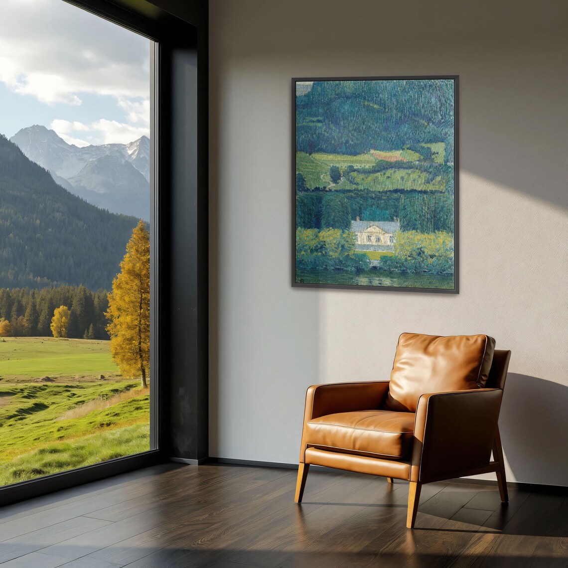 Country House by Water With Hills Vintage Landscape Art Poster - Image 4