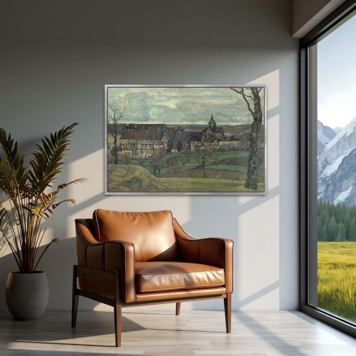 Vintage Oil Painting Of A European Village With A Church Tower Poster - Image 2