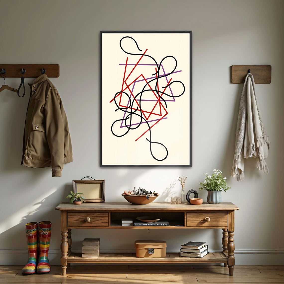 Framed Print Of Abstract Art With Lines And Shapes Geometric Print Black And Red Bedroom Decor Minimalist Illustration - Image 3