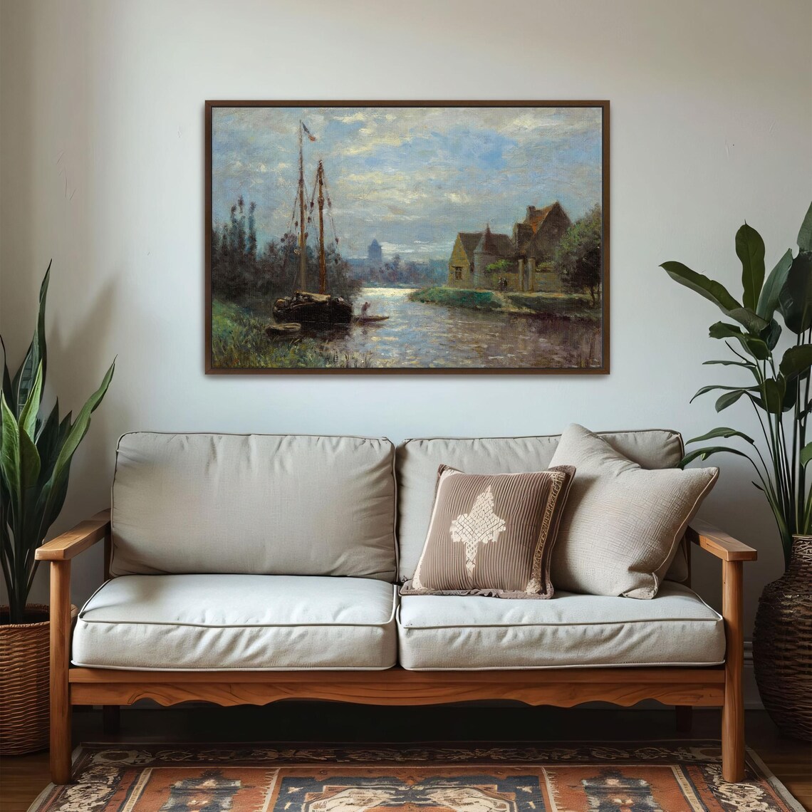 Impressionist Moored Boat on Canal Riverside Houses Evening Poster - Image 5