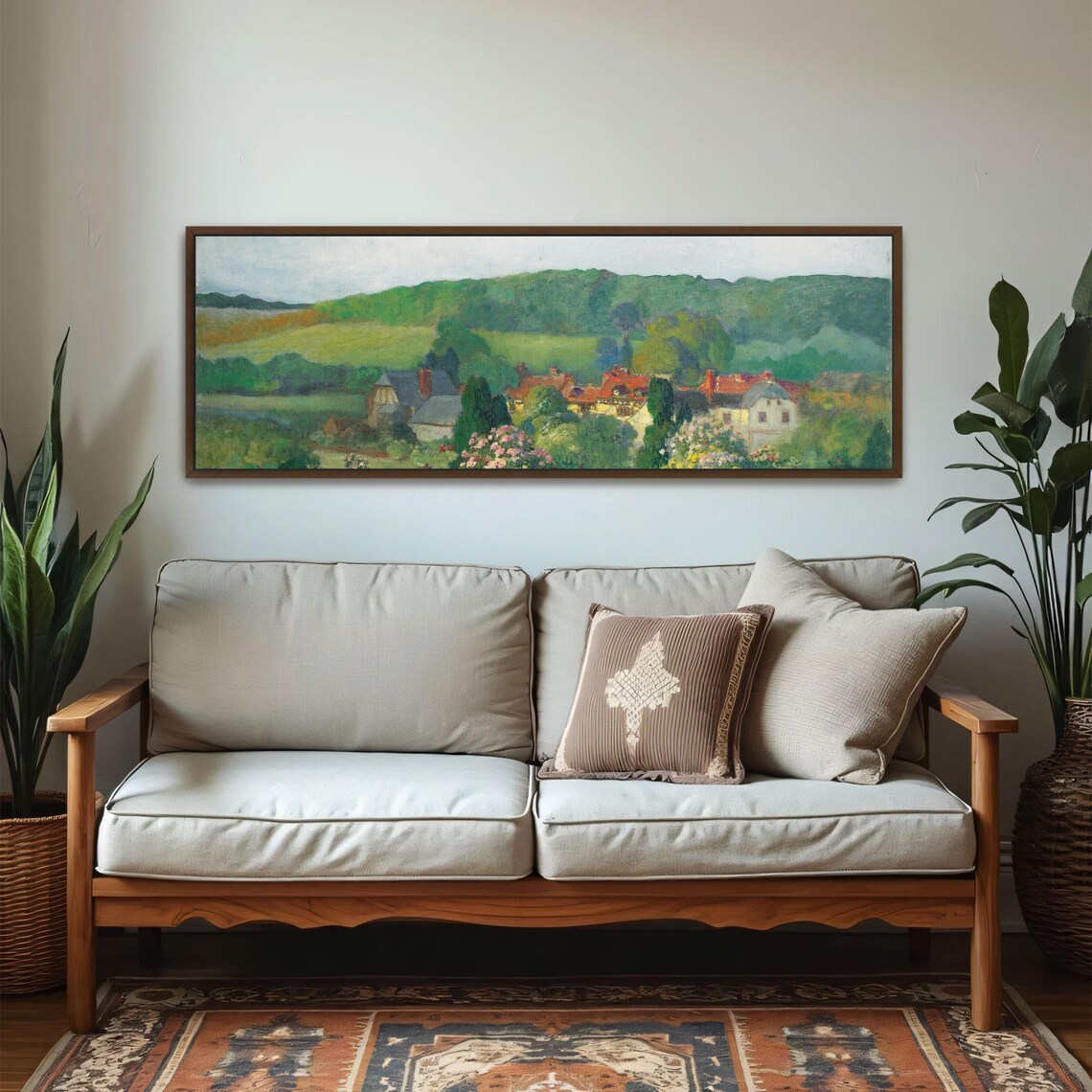 Countryside Landscape With Houses And Trees Panoramic Wall Art Horizontal Framed Art Above Bed Wall Art Bedroom And Living Room Art