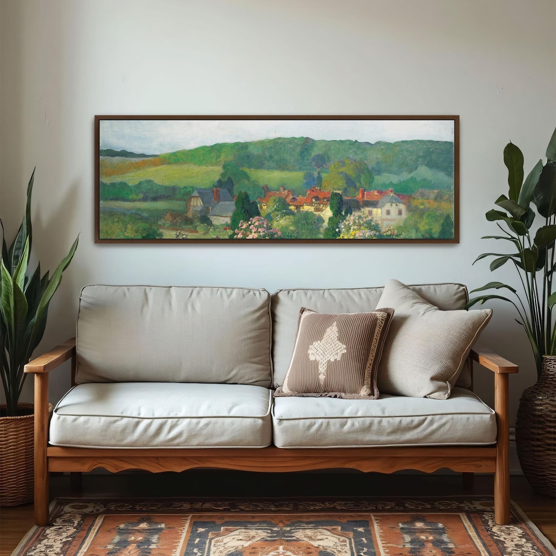 Countryside Village With Red Roofs Nestled in a Green Valley Poster