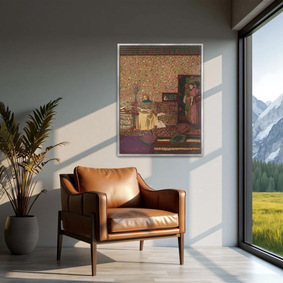 Woman Reading Amid Floral Wallpaper In A Patterned Interior Poster - Image 2